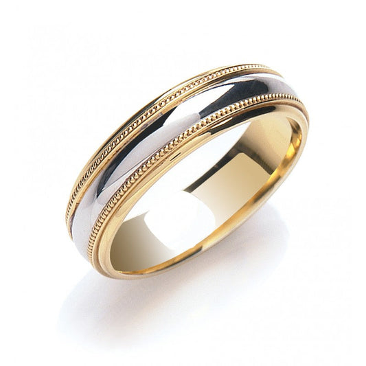 6mm Court Two Colour Mill Grain Edges Wedding Band