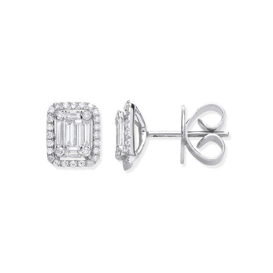 18k White Gold 0.65ct Baguette & Brilliant Cut Diamond Rectangle Halo Earrings