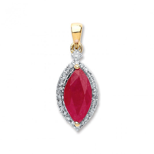 9k Yellow Gold 0.10ct Diamond, 0.90ct Marquise Ruby Pendant