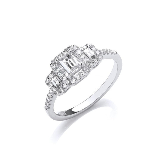 18k White Gold Emerald Cut 0.75ct Halo Styletrilogy Ring