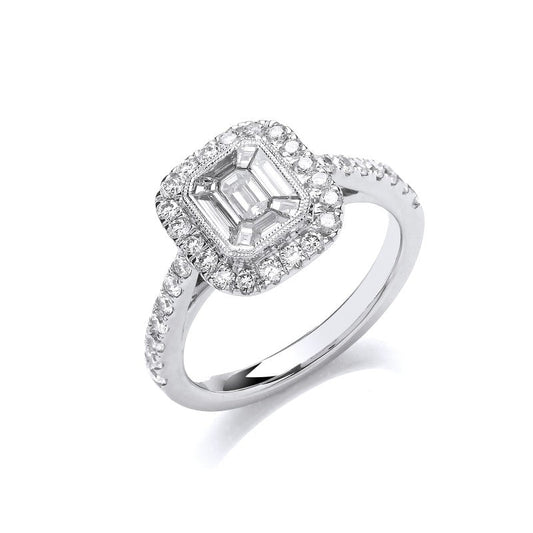 18k White Gold 1.00ct Emerald Cut Style Halo Style Ring