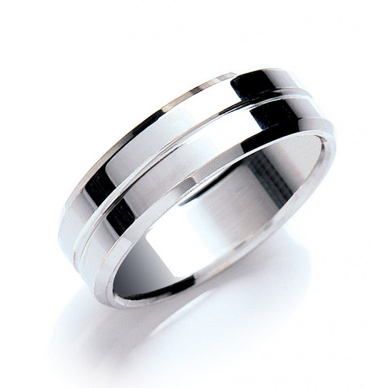 7mm Flat Court Bevelled Edge Centre Groove Polish Wedding Band
