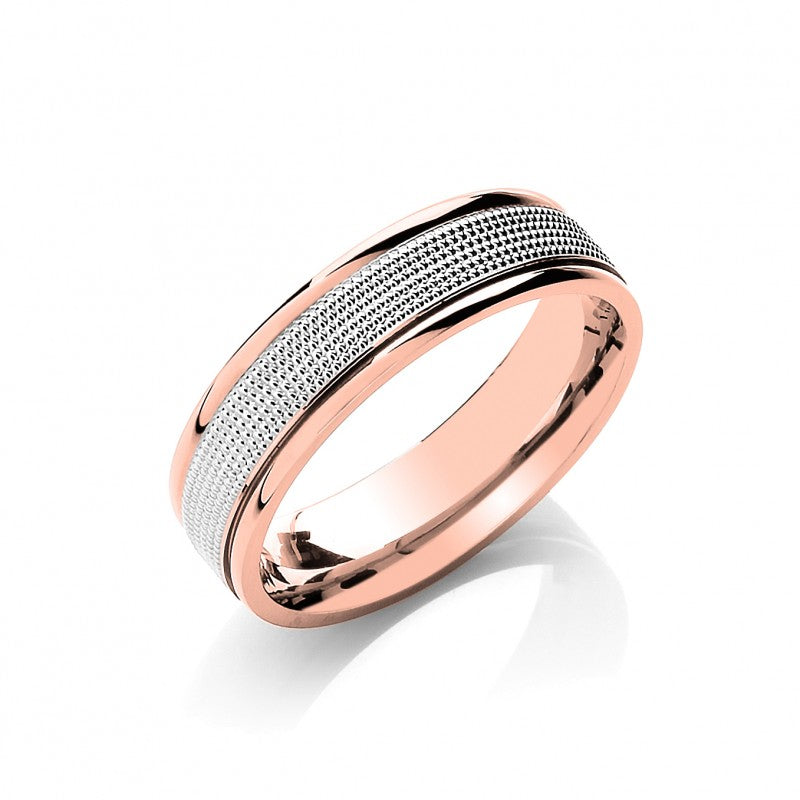 6mm Flat Court Two Colour Mill Grain Centre Wedding Band