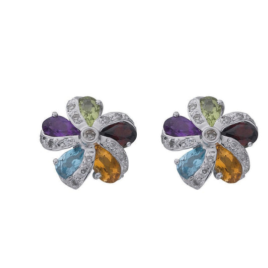9k White Gold 0.12ct Diamond & Multi Colour Gems Flower/Cluster Earrings