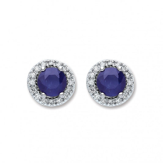 9k White Gold 0.15ct diamond 1.2ct 5mm Round Sapphire Stud Earrings