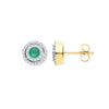 9k YG Double Halo Diamond & Emerald Round Stud Earrings