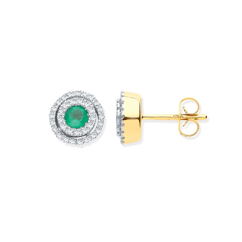9k YG Double Halo Diamond & Emerald Round Stud Earrings