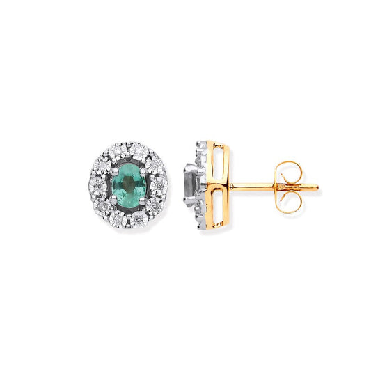 9k YG 0.60ct Emerald & 0.08ct Diamond Oval Stud Earrings