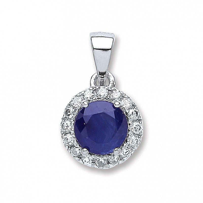9k White Gold 0.15ct Diamond, 0.6ct 5mm Round Sapphire Pendant