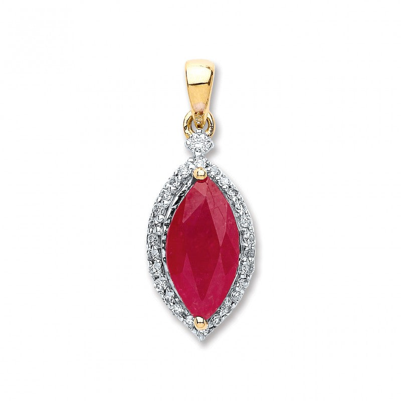 9k Yellow Gold 0.10ct Diamond, 0.90ct Marquise Ruby Pendant