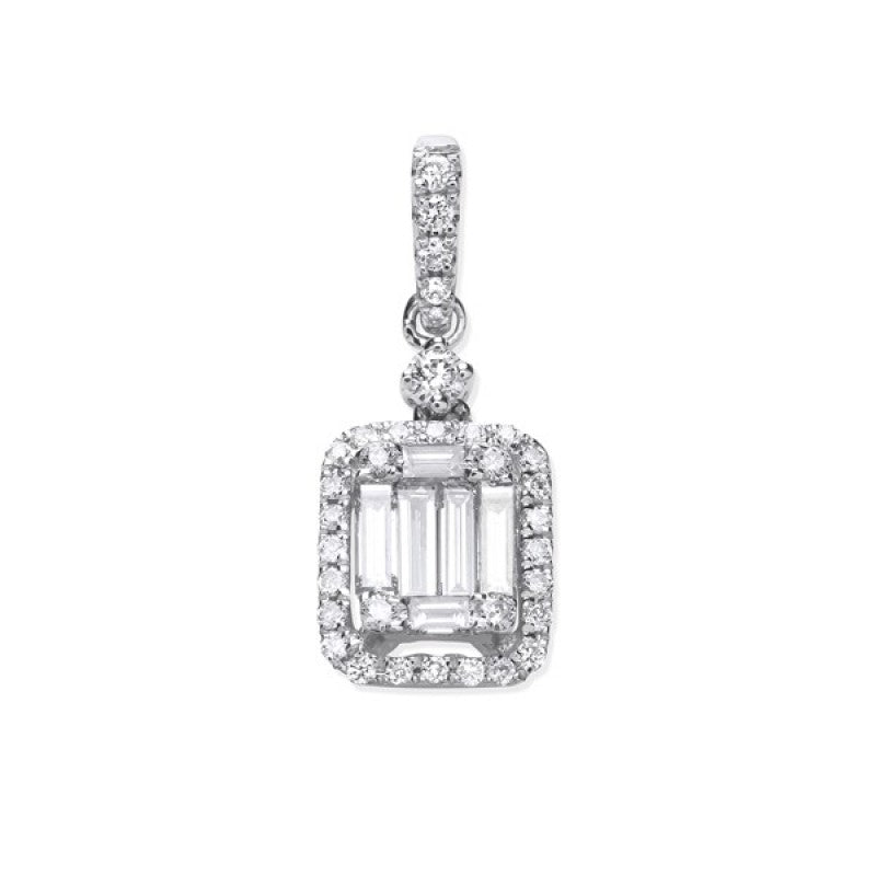 18k White Gold 0.40ct Baguette & Brilliant Cut Diamond Rectangle Halo Pendant