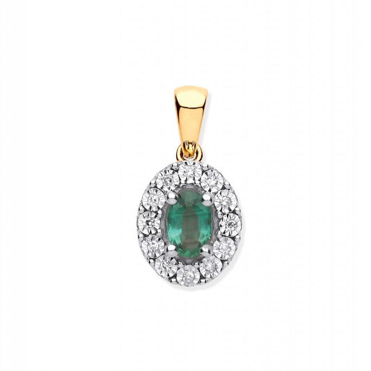 9k Yellow Gold 0.40ct Emerald Cluster 0.05ct Diamond Pendant