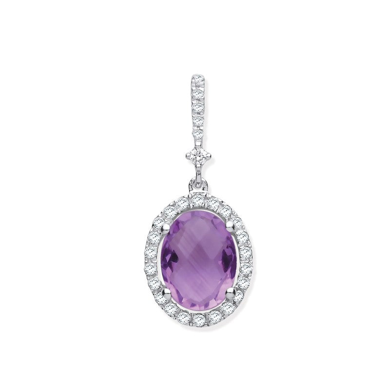 9k White Gold 1.35ct Oval Amethyst & 0.17ct Diamond Pendant