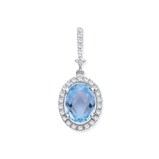 9k White Gold 1.77ct Oval Blue Topaz & 0.17ct Diamond Pendant