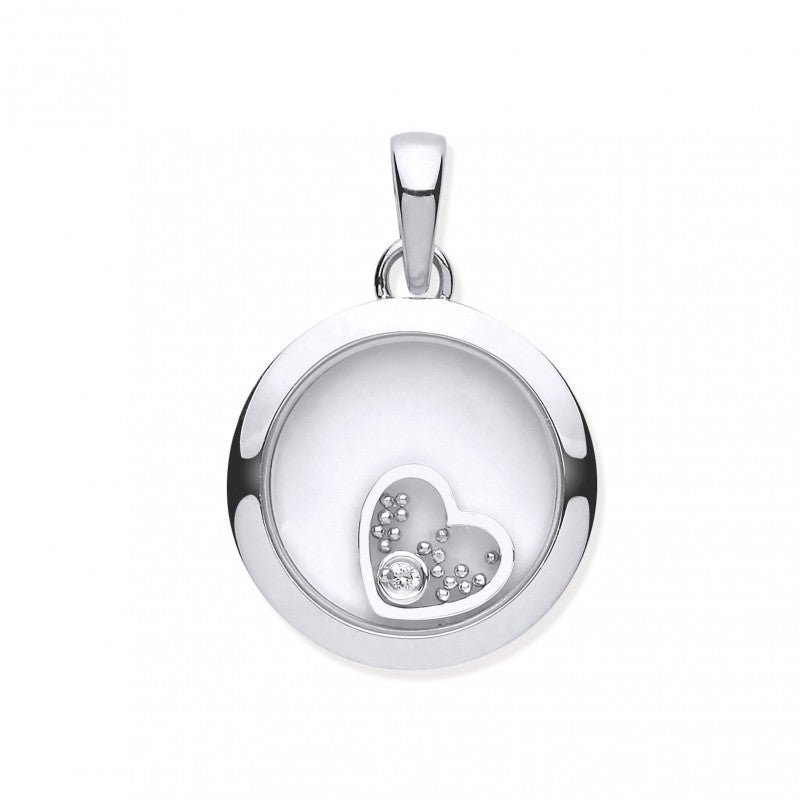 9k White Gold 0.01ct Diamond Floating Heart in Circle Pendant