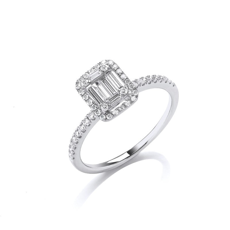 18k White Gold 0.50ct Baguette & Brilliant Cut Diamonds Rectangle Halo Ring