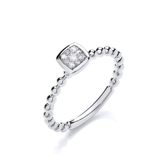 9k White Gold 0.10ct Beaded Shank Square Top Ring