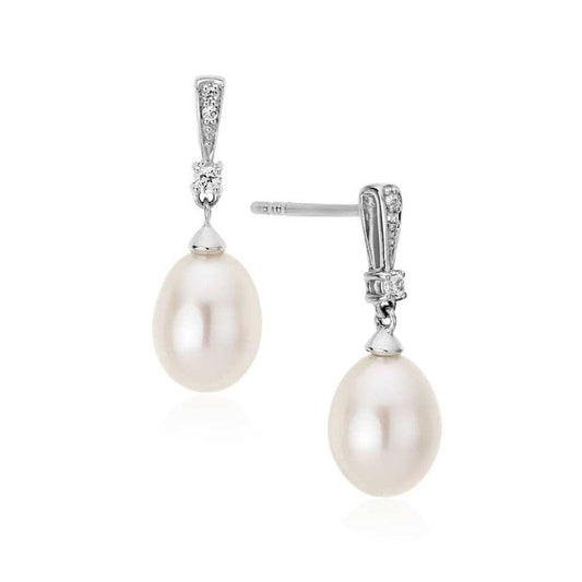 Pearl and White Sapphire Drop Earrings
