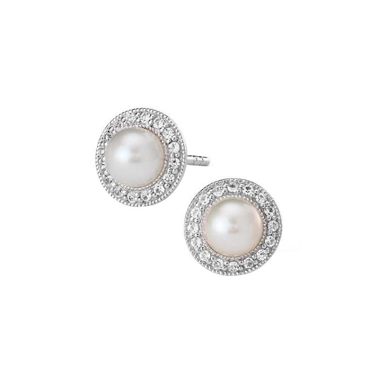 Pearl and White Sapphire Halo Earrings