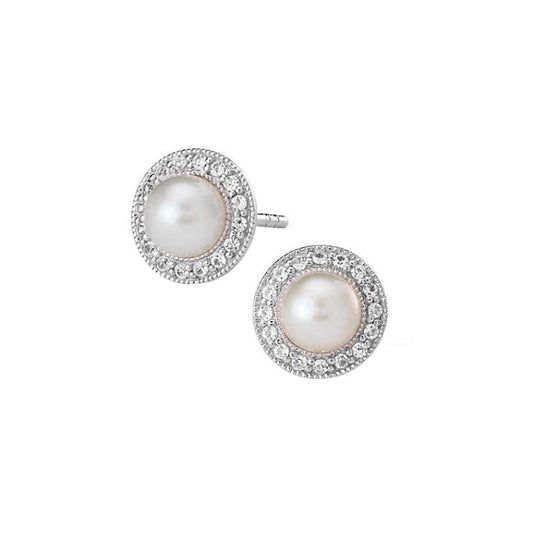 Pearl and White Sapphire Halo Earrings
